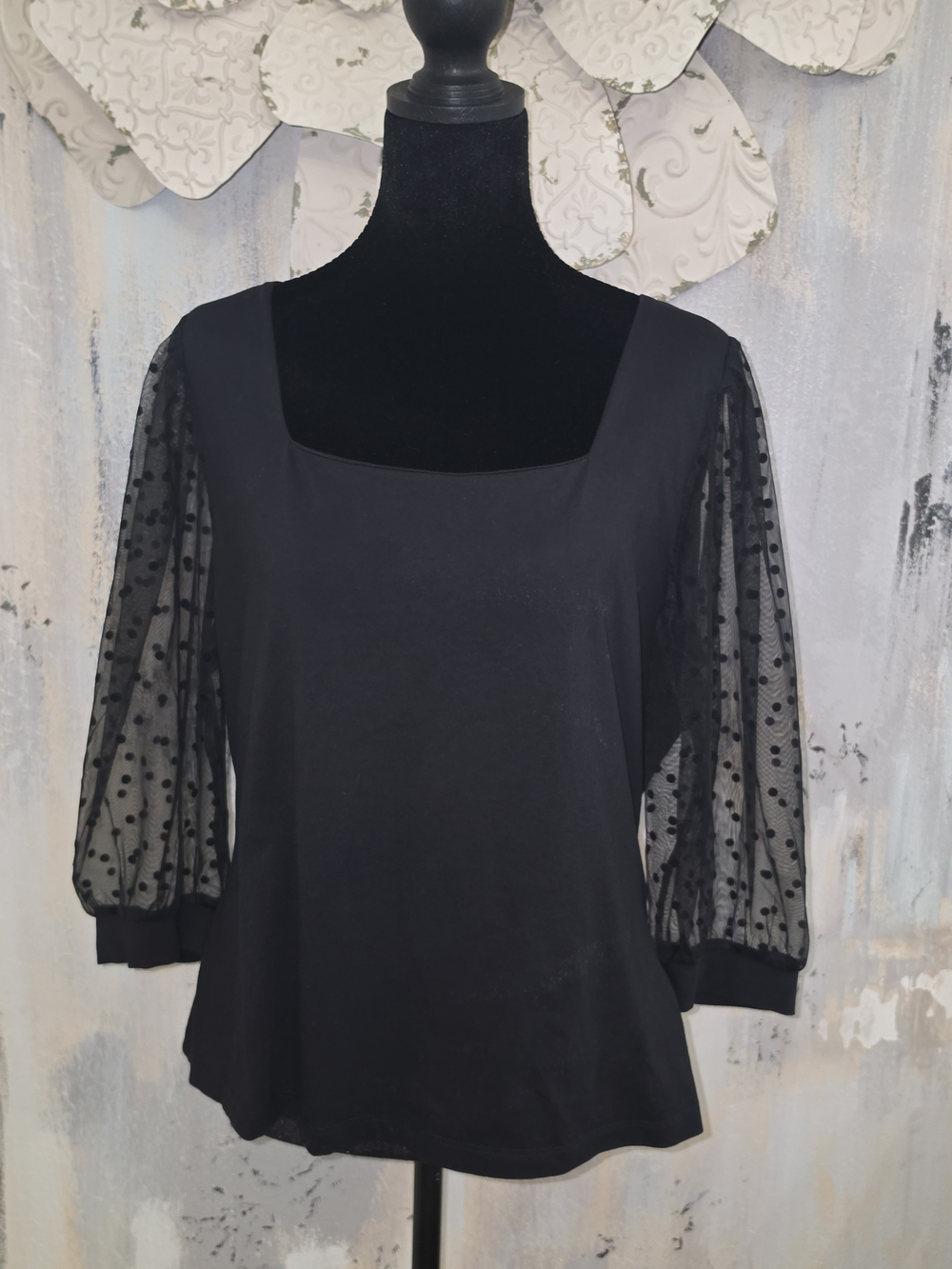 Allegra K Flirty Black Square Neck Blouse with Polka Dot Sheer Sleeves